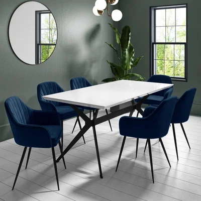 Furniture123 Rochelle White High Gloss Dining Table with Black Legs with 6  Navy Blue Velvet Dining Tub Chairs