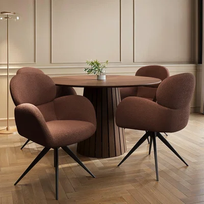 Furniture123 Round Walnut Dining Table Set with 4 Rust boucle Swivel Dining Chairs - Owen