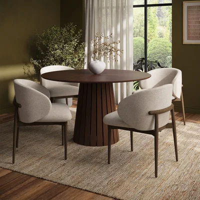 Furniture123 Round Walnut Dining Table Set with 4 Beige Upholstered Curved Dining Chairs - Owen
