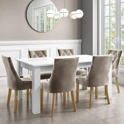 Furniture123 Vivienne White High Gloss Extendable Dining Table with 6 Mink Velvet Dining Chairs