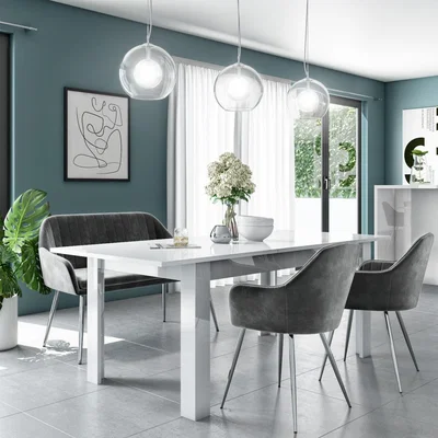 Furniture123 Extending White Gloss Dining Table with 2 Grey Velvet Dining Chairs and Matching High Back Bench - Vivienne