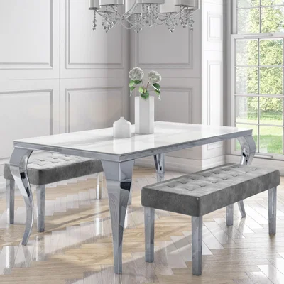 Furniture123 White and Mirrored Dining Table with 2 Grey Velvet Dining Benches - Jade Boutique