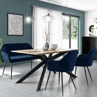 Furniture123 Carson Oak Dining Table with 2 Navy Blue Velvet Dining Chairs and 1 Bench - Seats 4