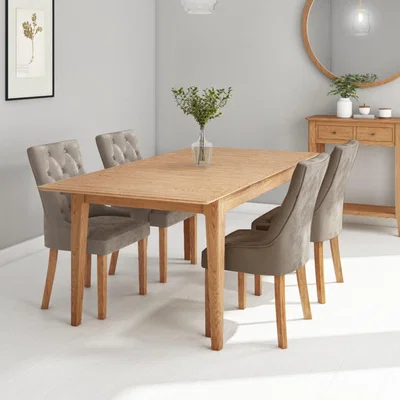 Furniture123 Extendable Dining Set in Solid Oak with 4 Mink Velvet Dining Chairs - Adeline