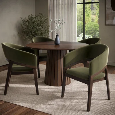 Furniture123 Round Walnut Dining Table Set with 4 Olive Green Velvet Chairs - Seats 4 - Owen