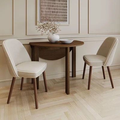 Furniture123 Small Walnut Drop Leaf Extendable Dining Table Set with 2 Upholstered Taupe Chairs - Seats 2 - Nell