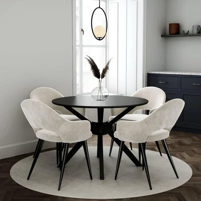 Furniture123 Round Black Dining Table with 4 Beige Fabric Dining Chairs - Karie