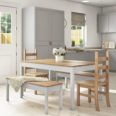 Furniture123 Emerson Grey & Pine Dining Table with 2 Dining Chairs & 2 Grey Benches