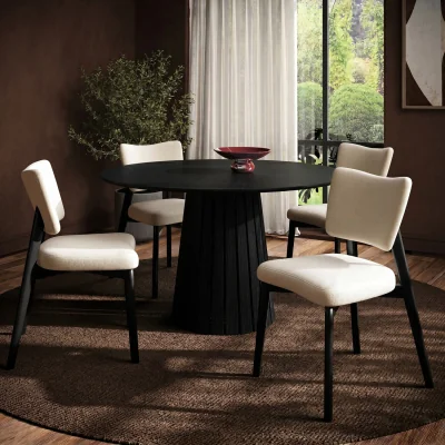 Furniture123 Round Black Dining Table Set with 4 Beige Upholstered Curved Back Dining Chairs - Seats 4 - Owen