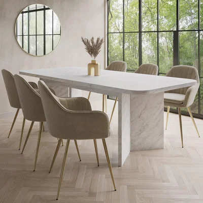 Furniture123 White Marble Effect Pillar Extendable Dining Table with 6 Mink Velvet Dining Chairs - Geneva