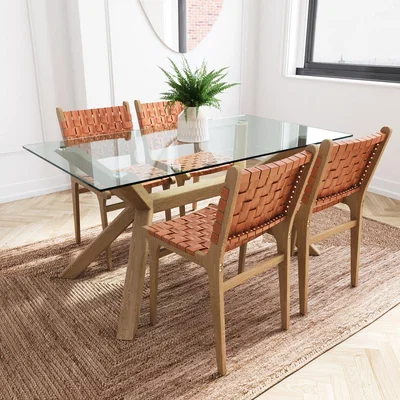 Furniture123 Rectangle Solid Oak Glass Top Dining Table with 4 Tan Faux Leather Dining Chairs - Nori