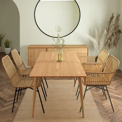 Furniture123 Briana Oak Extendable Dining Table with 2 Rattan Dining Chairs & 2 Rattan Dining Armchairs