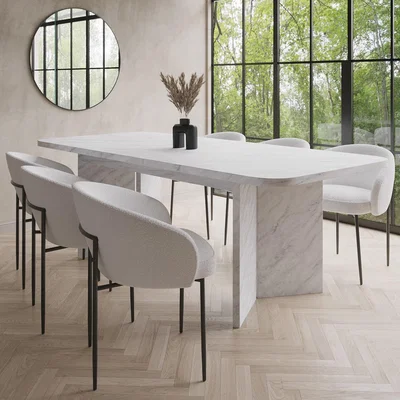 Furniture123 White Marble Effect Pillar Extendable Dining Table with 6 Cream Boucle Dining Chairs - Geneva