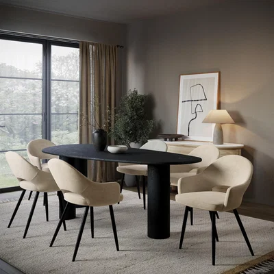Furniture123 Black Oak Pebble Dining Table Set with 6 Beige Upholstered Chairs - Seats 6 - Oscar