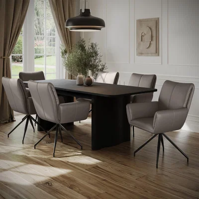 Furniture123 Black Oak Extendable Dining Table Set with 6 Real Leather Mink Swivel Chairs - Seats 6 - Wave