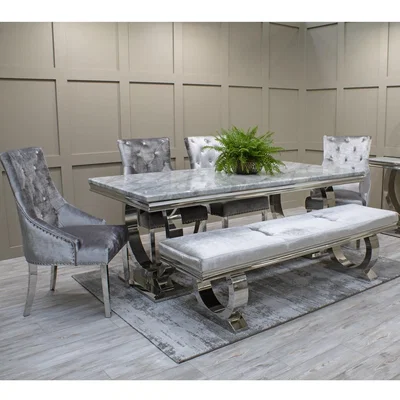 Furniture123 Grey Marble Dining Set with 180cm Table Velvet Chairs and Bench - Seats 6 - Vida Living Arianna