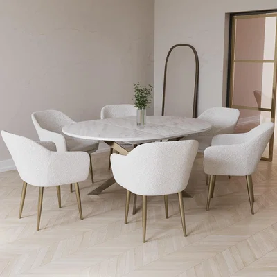 Furniture123 Round to Oval White Marble Effect Extendable Dining Table with 6 Boucle Dining Chairs - Reine