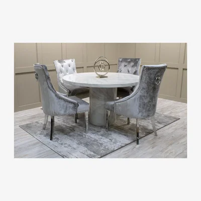 Furniture123 Round White Marble Dining Table with 4 Grey Velvet Dining Chairs - Seats 4 - Vida Living Carra