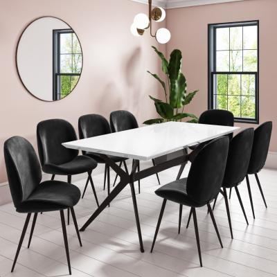 Furniture123 White Gloss Dining Table with 8 Black Velvet Dining Chairs - Rochelle