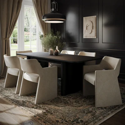 Furniture123 Rectangular Black Oak Extendable Dining Table Set with 6 Mink Upholstered Chairs - Seats 6 - Wave