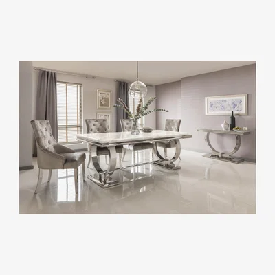Furniture123 Cream Marble Dining Set with 180cm Table & 4 Champagne Velvet Chairs - Vida Living Arianna