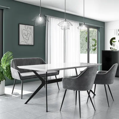 Furniture123 White Gloss Dining Table with Grey Velvet High Back Dining Bench and 2 Dining Chairs - Rochelle
