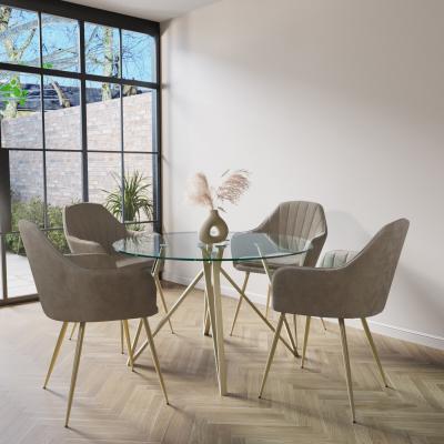 Furniture123 Round Glass Dining Table with Gold Legs and 4 Mink Velvet Dining Chairs - Dax