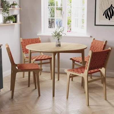 Furniture123 Round Oak Drop Leaf Dining Table with 4 Tan Faux Leather Dining Chairs - Rudy