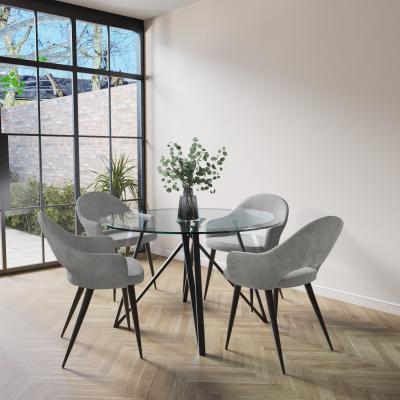 Furniture123 Small Round Glass Dining Table with 4 Grey Fabric Dining Chairs - Dax