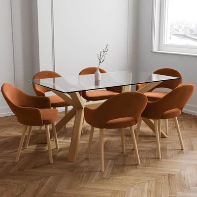 Furniture123 Glass Dining Table Set with 6 Burnt Orange Fabric Chairs - Seats 6 - Nori