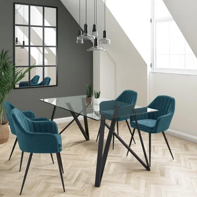 Furniture123 Glass Top Dining Table with 4 Teal Velvet Dining Chairs - Dax