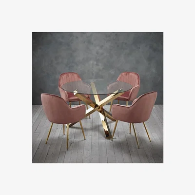Furniture123 Capri Glass Top Dining Table + 4 Pink Velvet Dining Chairs with Gold Legs