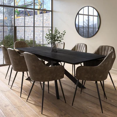 Furniture123 Extendable Black Dining Table with 8 Brown Faux leather Dining Chairs - Carson