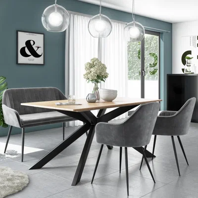 Furniture123 Carson Light Oak Dining Table with 1 Grey Velvet High Back Bench and 2 Dining Chairs
