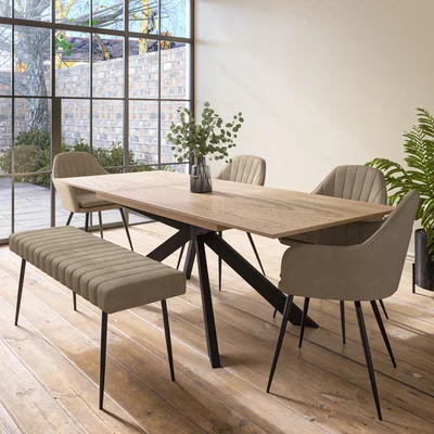 Furniture123 Extendable Oak Dining Table with 4 Beige Faux Leather Dining Chairs and 1 Dining Bench - Seats 6 - Carson