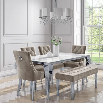 Furniture123 White and  Mirrored Dining Table with 4 Mink Velvet Knocker Back Dining Chairs and Bench - Jade Boutique
