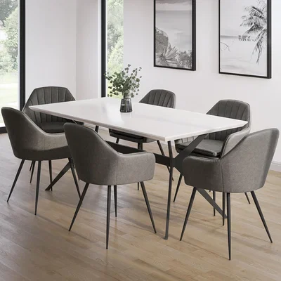 Furniture123 Large White Gloss Modern Dining Table with 6 Dove Grey Faux Leather Dining Chairs - Rochelle