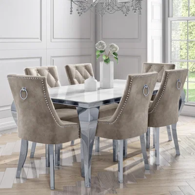 Furniture123 White and Mirrored Dining Table with 6 Mink Velvet Knocker Back Dining Chairs - Jade Boutique