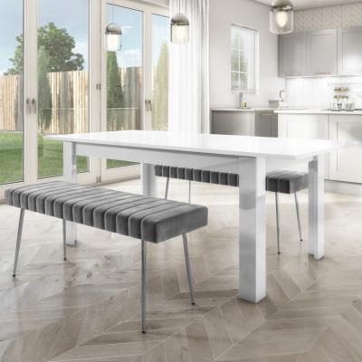 Furniture123 White Extendable Gloss Dining Set with 2 Grey & Chrome Dining Benches