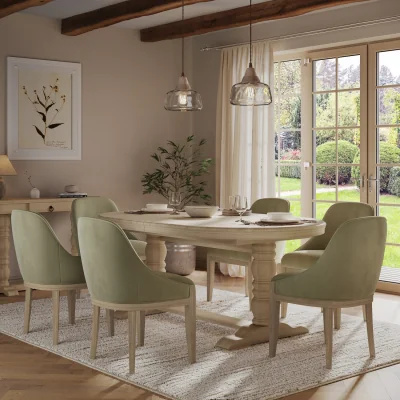 Furniture123 Farmhouse Extending Dining Table Set with 6 Sage Green Velvet Dining Chairs - Madeline