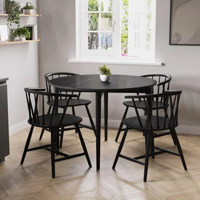 Furniture123 Round Black Folding Drop Leaf Dining Table with 4 Curved Wooden Spindle Dining Chairs - Rudy