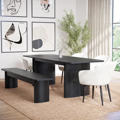 Furniture123 Extendable Black Rectangle Dining Table with 4 Cream Boucle Dining Chairs & Large Black Dining Bench - Jarel