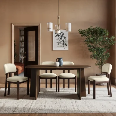 Furniture123 Rectangular Walnut Dining Table Set with 4 Cream Upholstered Chairs - Seats 4 - Noor