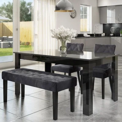 Furniture123 Extendable Dining Table in Black High Gloss with 2 Grey Velvet Chairs & 1 Bench - Vivienne & Kaylee