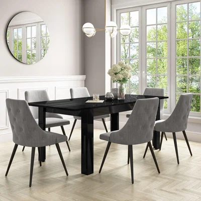 Furniture123 Black Gloss Extendable Dining Table with 6 Grey Woven Dining Chairs - Vivienne