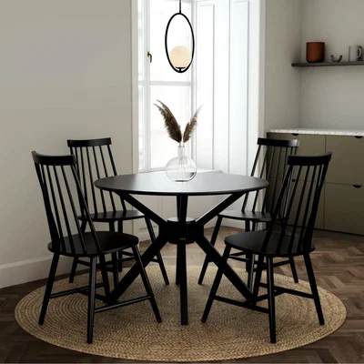 Furniture123 4 Seater Round Black Dining Set with 4 Black Spindle Dining Chairs - Karie