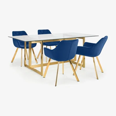 Furniture123 Glass Top Dining Table with 4 Navy Velvet Dining Chairs - Lorenzo