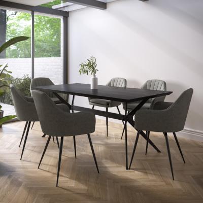 Furniture123 Large Black Dining Table with 6 Dove Grey Faux Leather Dining Chairs - Rochelle