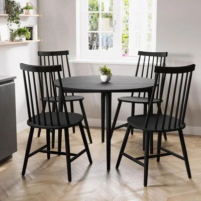 Furniture123 Round Black Folding Drop Leaf Dining Table with 4 Wooden Spindle Dining Chairs - Rudy