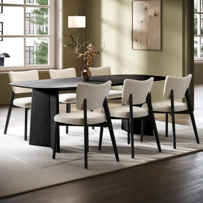 Furniture123 Black Dining Table Set with 6 Beige Upholstered Curved Back Dining Chairs - Seats 6 - Rivo